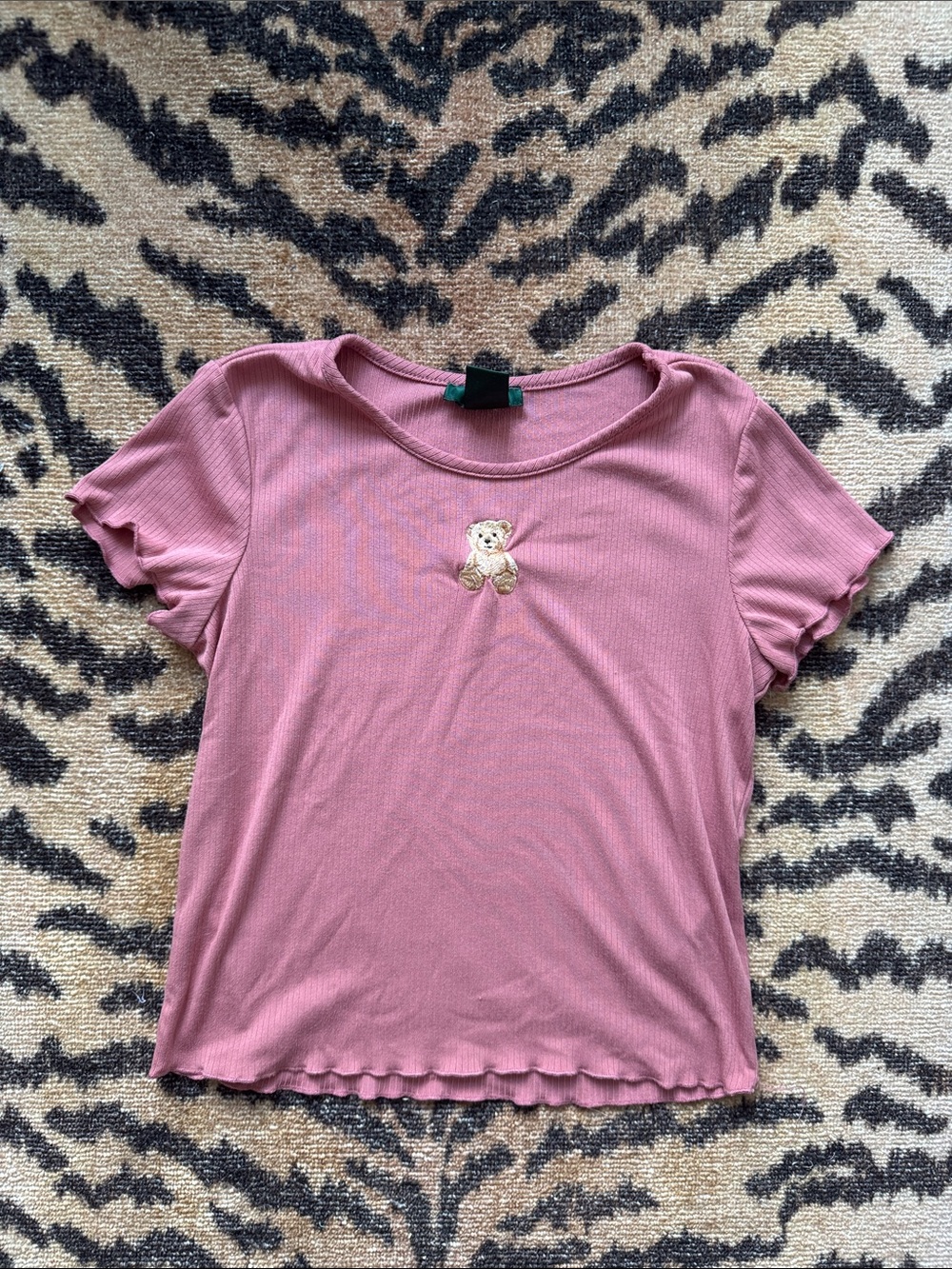 Pink Short Sleeve Ribbed Tee with Teddy Embroidery
